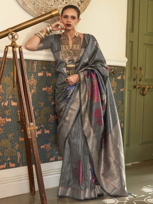 Silver Grey Satin Handloom Weaving Silk Saree – Rushini