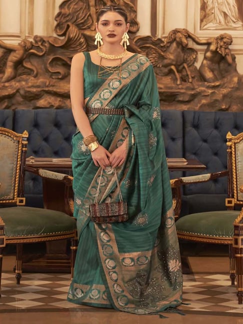 Bottle green color soft cotton silk saree with zari weaving work