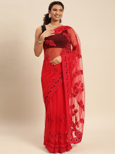 Buy Red Lace Work Lycra Saree Online