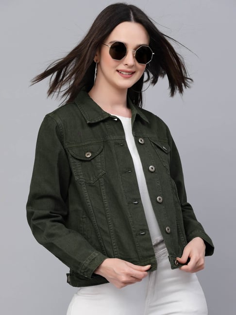 Trendy Denim Jacket for Girls- Dark green color