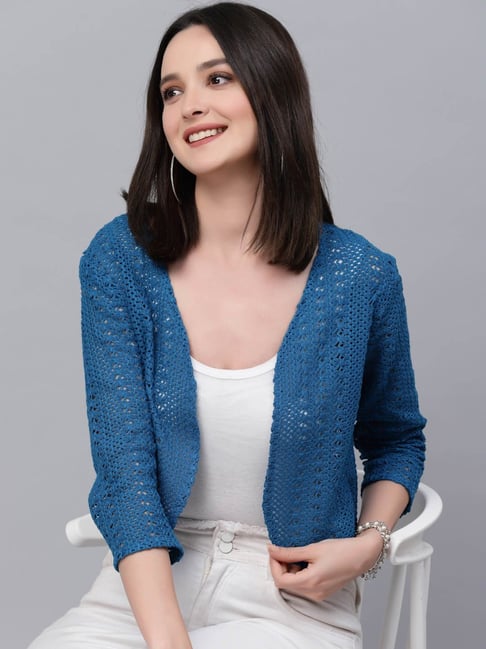Style Quotient Blue Self Design Front Open Crop Shrug-picture-18