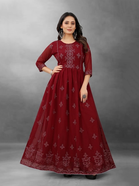 Heavy Beauty Maroon Color Embroidery Sequins Work Gown