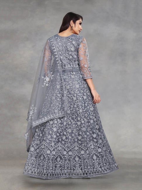 Party Wear Anarkali Suits Online: Grey Net Embroidered Long Anarkali Suit -  lovelyweddingmall.com