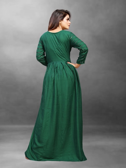 Buy MISH Dark Green Maxi Party Wear Dress With Heavy Hand Embroidery online