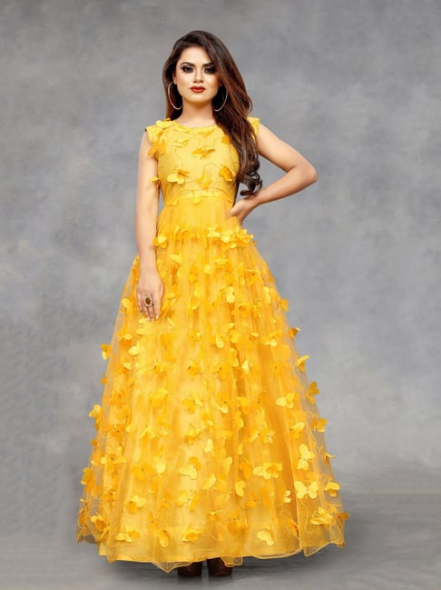 Marigold Yellow Butterfly Net Hand Embellished Gown For Girls Design by  Toplove at Pernia's Pop Up Shop 2024