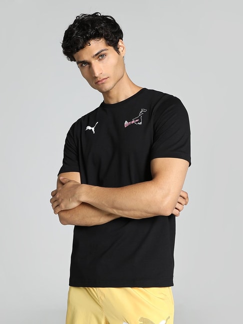 Puma Kolkata City Black Relaxed Fit Printed Cotton Sports T-Shirt