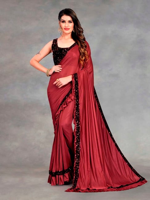 Buy Maroon Red Saree In Pure Silk With Bandhani Print & Brocade Work