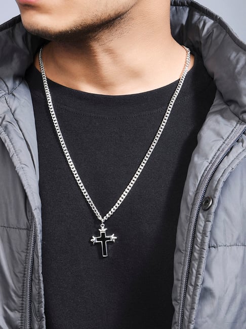 The Bro Code Silver-Plated Black Enamel Cross Pendant Necklace for Men