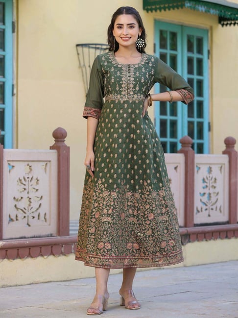 Juniper Olive Green Embroidered A-Line Dress