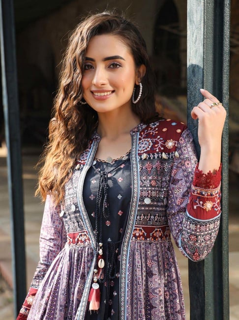 Juniper Purple & Navy Embroidered A-Line Dress
