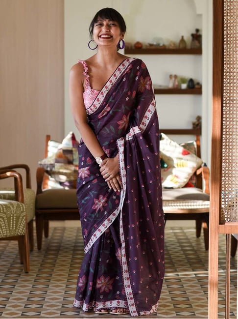 Suta Purple Pure Cotton Printed Saree