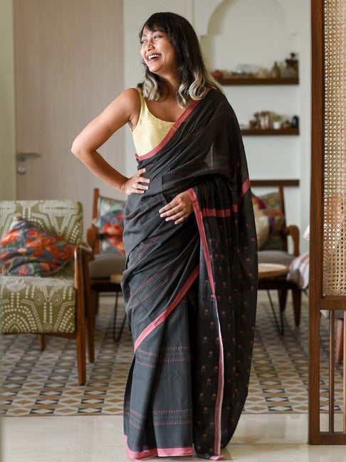 Printed Black Pure Cotton Linen Saree, 6.3 m (With Blouse Piece) at Rs  670/piece in Jaipur