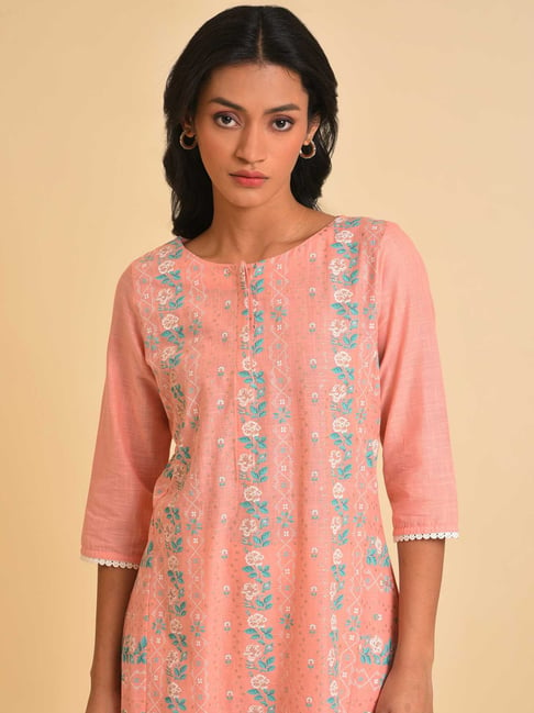 W Peach Cotton Printed A Line Kurta