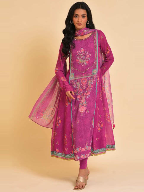 Wishful by W Pink Printed Kurta Pant Set With Dupatta