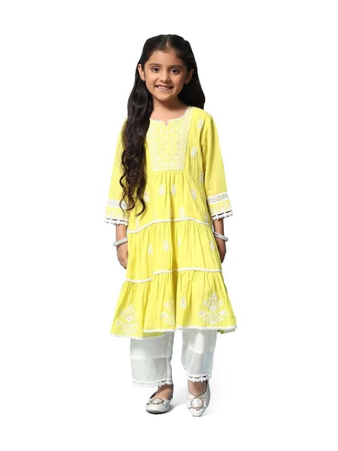 BIBA Girls Yellow & White Cotton Embroidered Kurta Set-picture-46