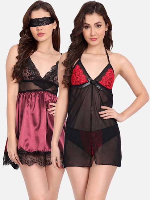 fims FIMS: Fashion is my Style Red & Maroon Lace Work Babydoll With Thong-picture-44