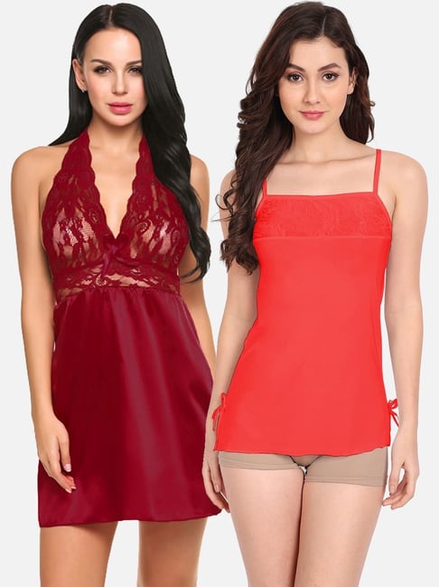 fims FIMS: Fashion is my Style Red & Maroon Lace Work Babydoll With Thong-picture-35