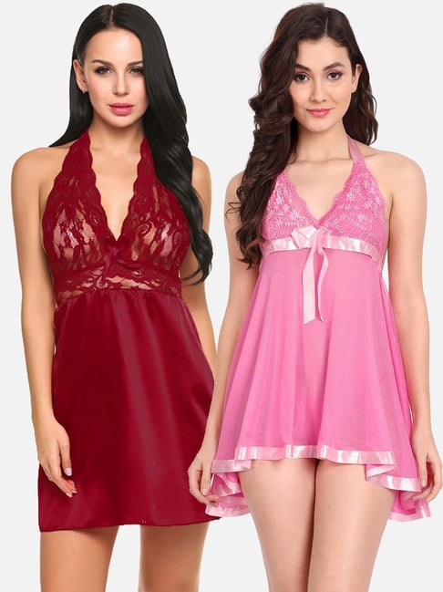 fims FIMS: Fashion is my Style Pink & Maroon Lace Work Babydoll With Thong-picture-18