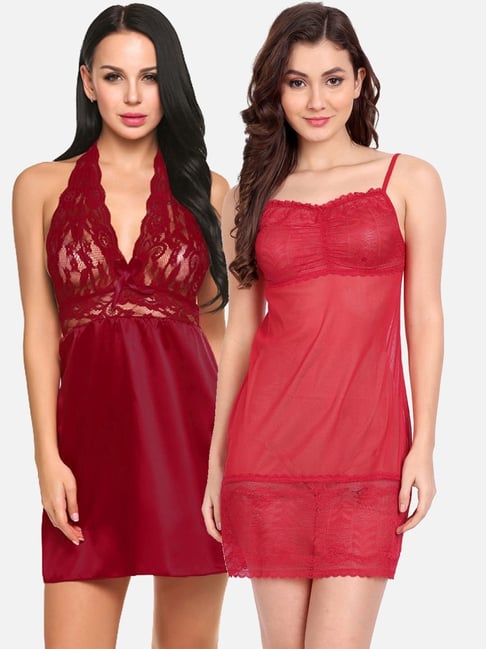 fims FIMS: Fashion is my Style Red & Maroon Lace Work Babydoll With Thong-picture-48