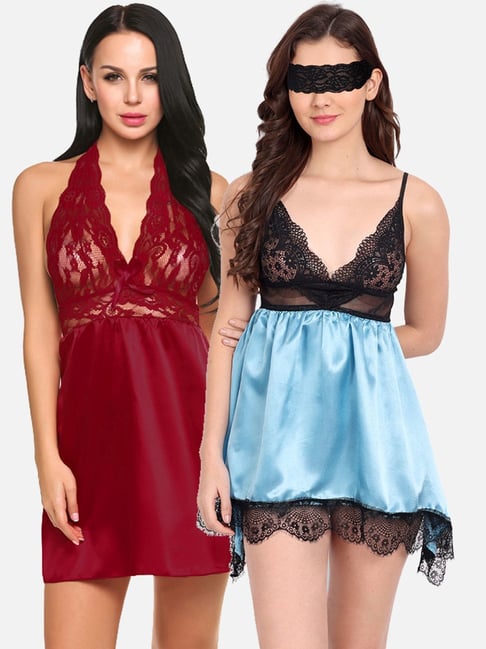 fims FIMS: Fashion is my Style Blue & Maroon Lace Work Babydoll With Thong-picture-21