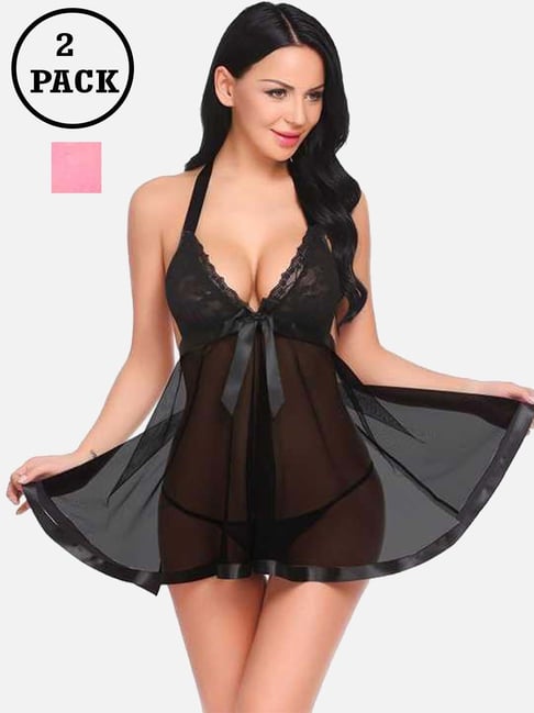 fims FIMS: Fashion is my Style Black & Pink Lace Work Babydoll With Thong-picture-22