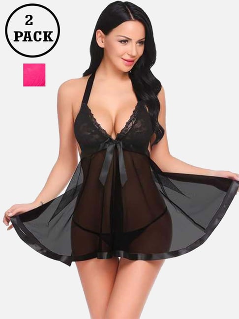 fims FIMS: Fashion is my Style Black & Hot Pink Lace Work Babydoll With Thong-picture-26