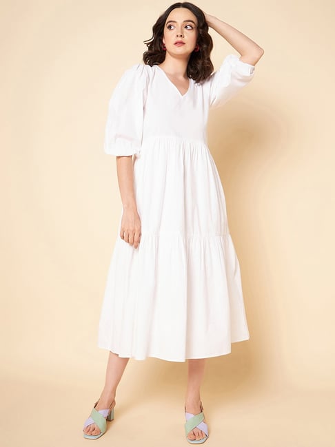 Buy Ivory Schiffli Lining- Cotton Tie-up Midi Dress For Women by Charkhee  Online at Aza Fashions.