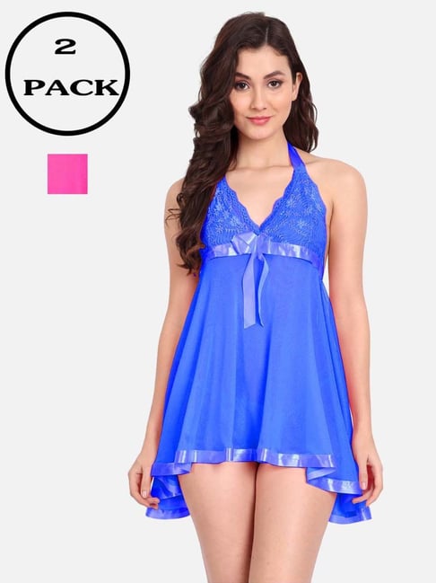 fims FIMS: Fashion is my Style Blue & Hot Pink Lace Work Babydoll With Thong-picture-16