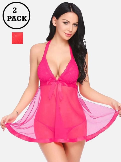 fims FIMS: Fashion is my Style Red & Hot Pink Lace Work Babydoll With Thong-picture-22