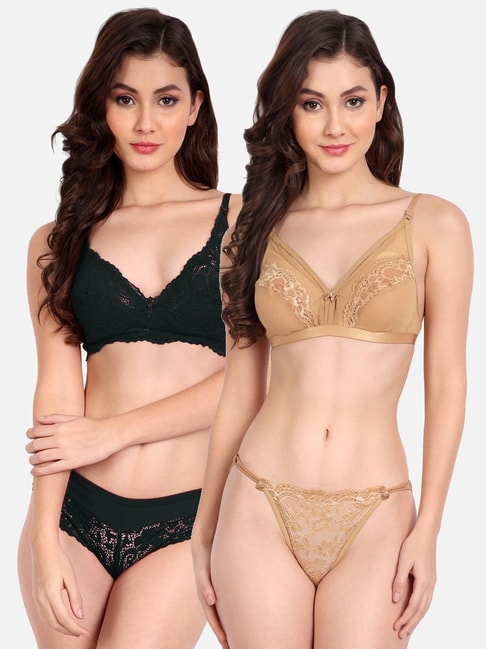 FIMS: Fashion is my Style Beige & Black Lace Work Lingerie Set - Pack Of 2