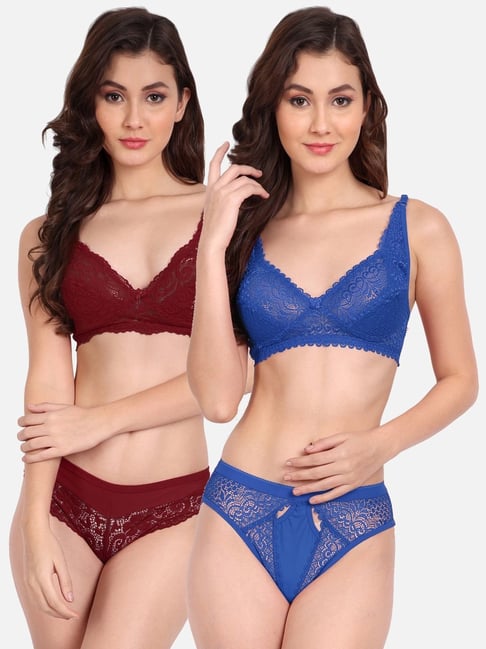 fims FIMS: Fashion is my Style Blue & Maroon Lace Work Lingerie Set - Pack Of 2-picture-14