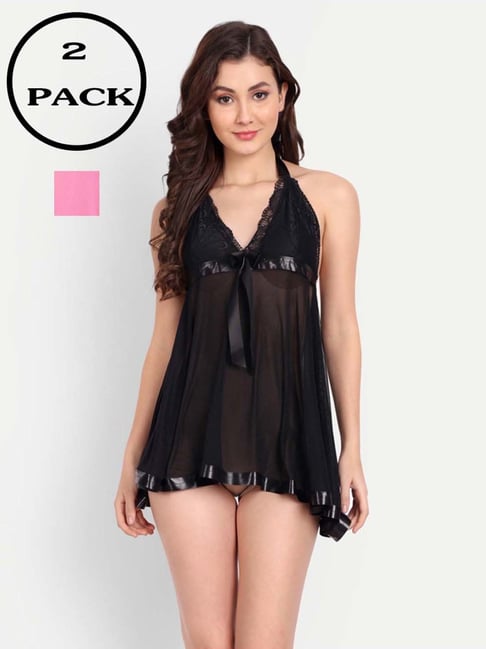 fims FIMS: Fashion is my Style Black & Pink Lace Work Babydoll With Thong-picture-24