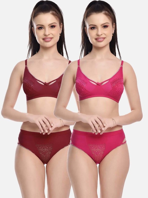 FIMS: Fashion is my Style Pink & Maroon Lace Work Lingerie Set - Pack Of 2