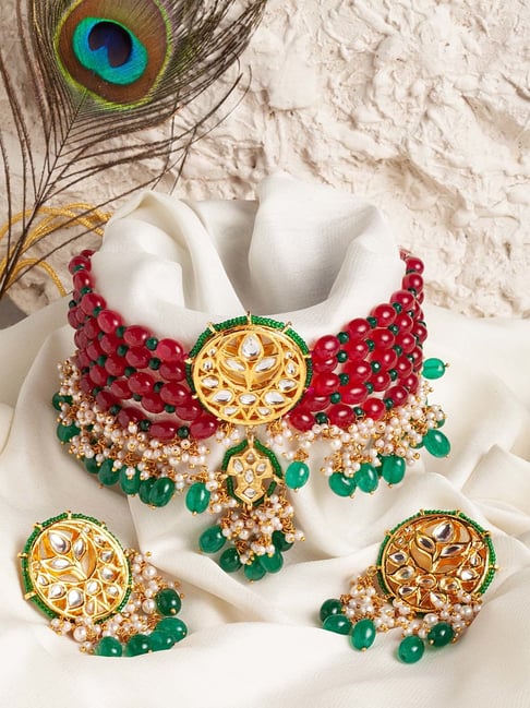 Emerald green choker necklace with earring set