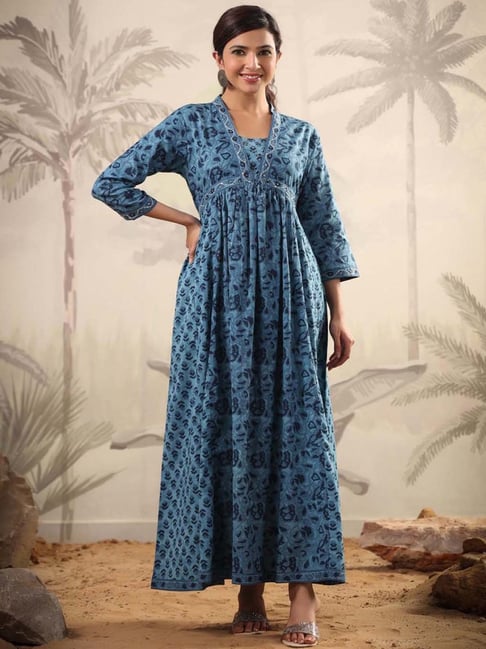 SCAKHI Sky Blue Cotton Embroidered Empire-Line Dress