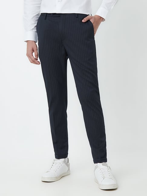 WES Formals by Westside Navy Striped CarrotFit Trousers