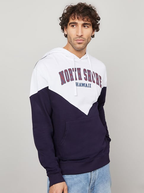 Hooded sweatshirt in denim-look printed jersey