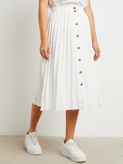 Styli Pleated A-Line Midi Skirt with Button Detail