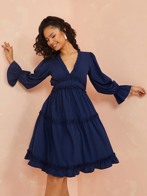 Styli Volume Sleeves Dobby Knee Length Dress with Ruffle Detail
