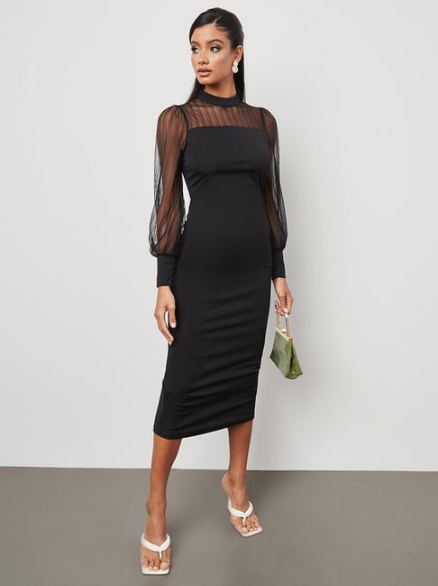 Styli High Neck Mesh Yoke Bodycon Midi Dress
