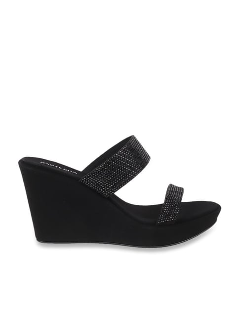 Black branded strappy wedge sandals | Rouje