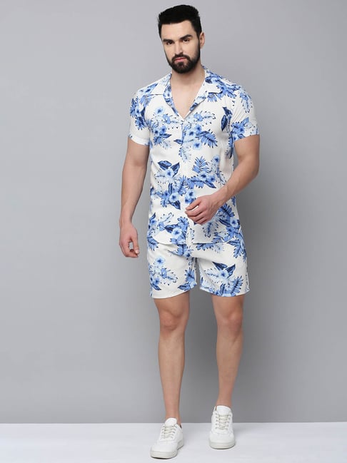 SHOWOFFFF White Regular Fit Printed Shirt Shorts Set