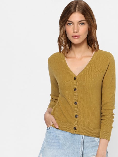 Only Olive Cotton Knitted Crop Cardigan Sweaters