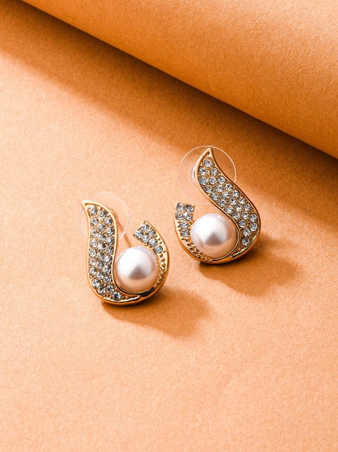 Jewels Galaxy GoldPlated Korean AD Heart themed Pearl Drop Earrings 2pcs