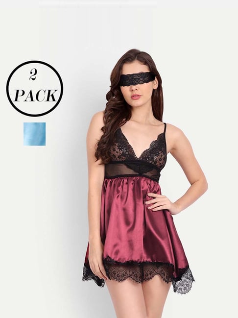 fims FIMS: Fashion is my Style Blue & Maroon Lace Work Babydoll With Thong-picture-38