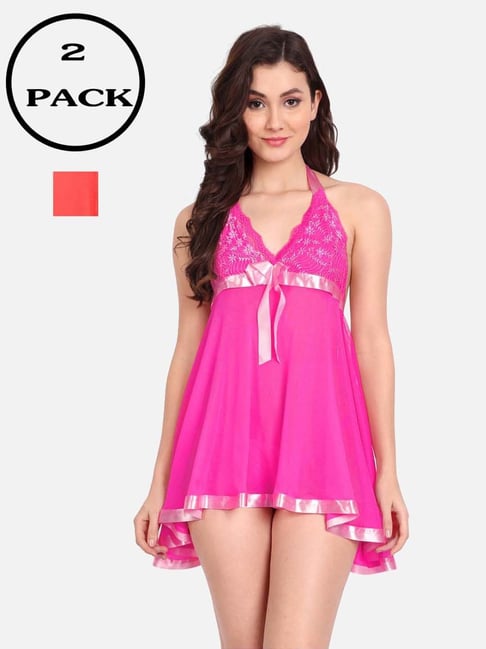 fims FIMS: Fashion is my Style Red & Hot Pink Lace Work Babydoll With Thong-picture-26