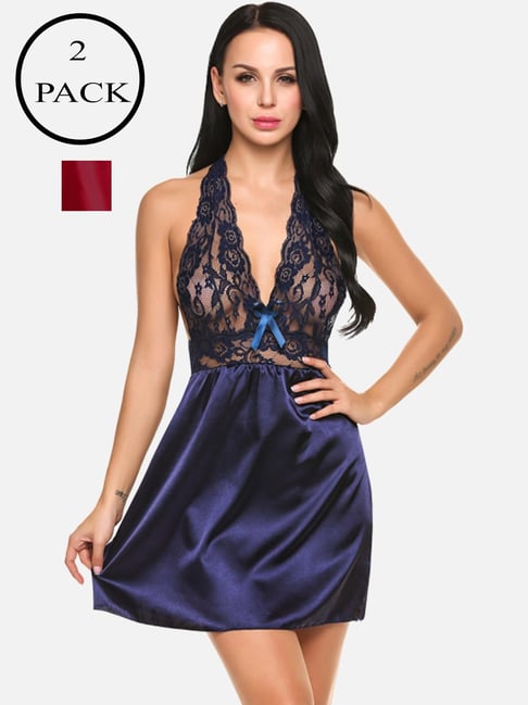 fims FIMS: Fashion is my Style Blue & Maroon Lace Work Babydoll With Thong-picture-24