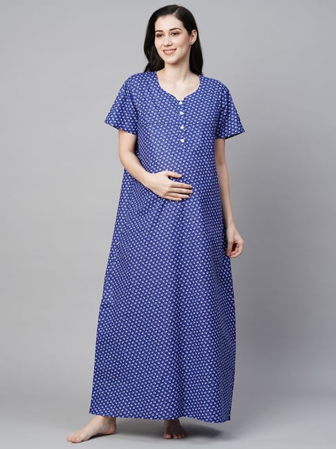 MomToBe Blue Cotton Printed Feeding Nighty