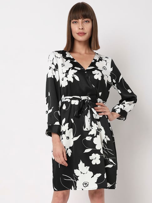 Floral Print Black Casual Wrap Dress Vero Moda Black White Floral Print Wrap  Dress
