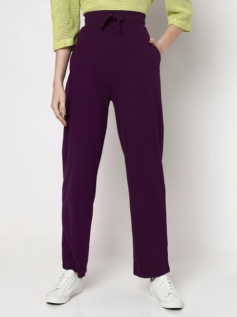 Women Purple Stretch Knit Tapered Pants